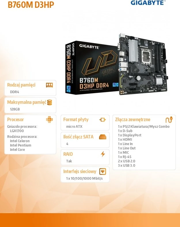 Pllakë amë, Gigabyte, B760M D3HP DDR4, LGA1700, mATX, 4x DDR4, 2x M.2 PCIe 4.0, HDMI/DP/D-Sub, GbE LAN