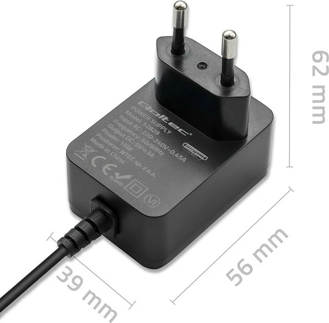 Karikues mur Qoltec 51829 për Raspberry Pi 4, USB-C, 15W, 5V, 3A, Zi