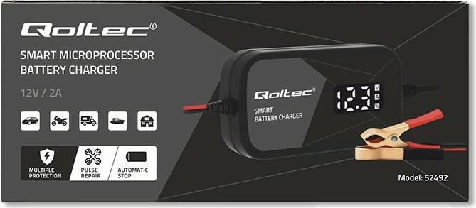 Karikues inteligjent mikroprocesorik Qoltec 52492, 12V, 2A, funksion rigjenerimi qelizash, LCD, i zi