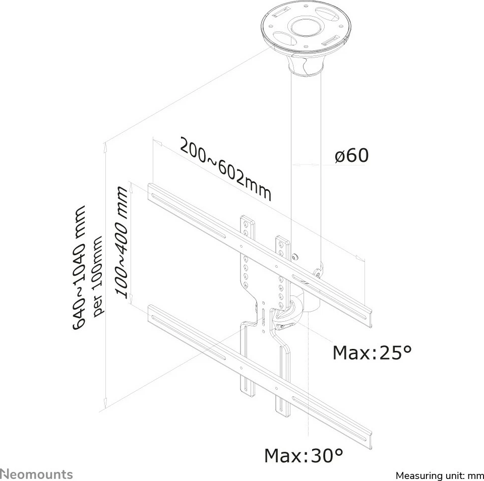 Mbajtës tavani për TV Neomounts FPMA-C400SILVER, deri 60 inç, rregullim lartësie, argjendtë