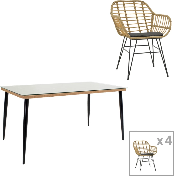 Tavolinë me karrige Naoki X set prej 5 copë rattan pe ngjyrë natyrale dhe metal i zi 160x90x78cm