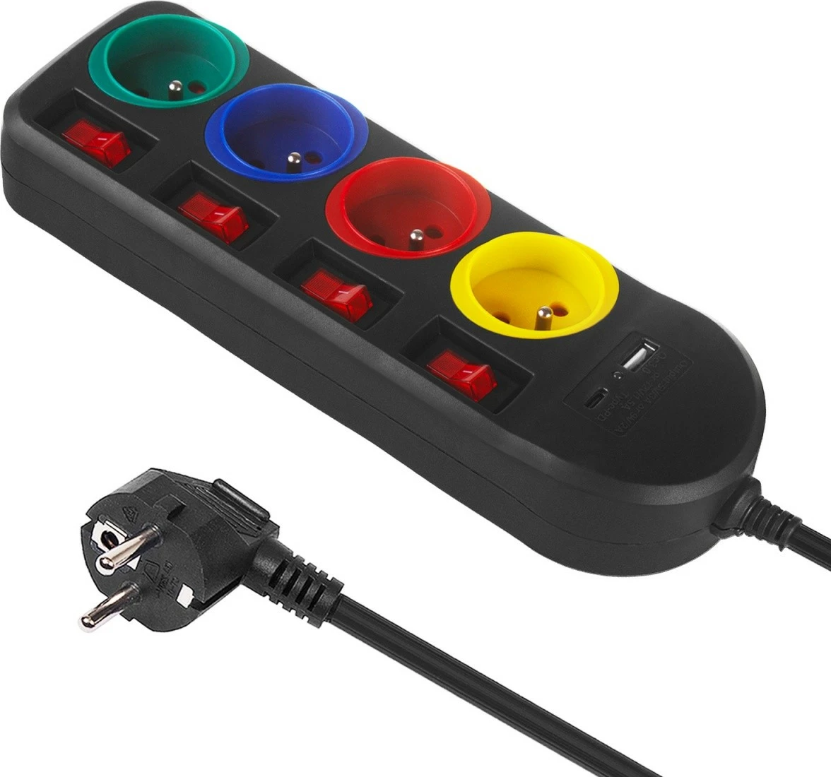 Listë zgjatjeje Maclean MCE508 B, 4 dalje, 1.5m, 2x USB (A/C), e zezë