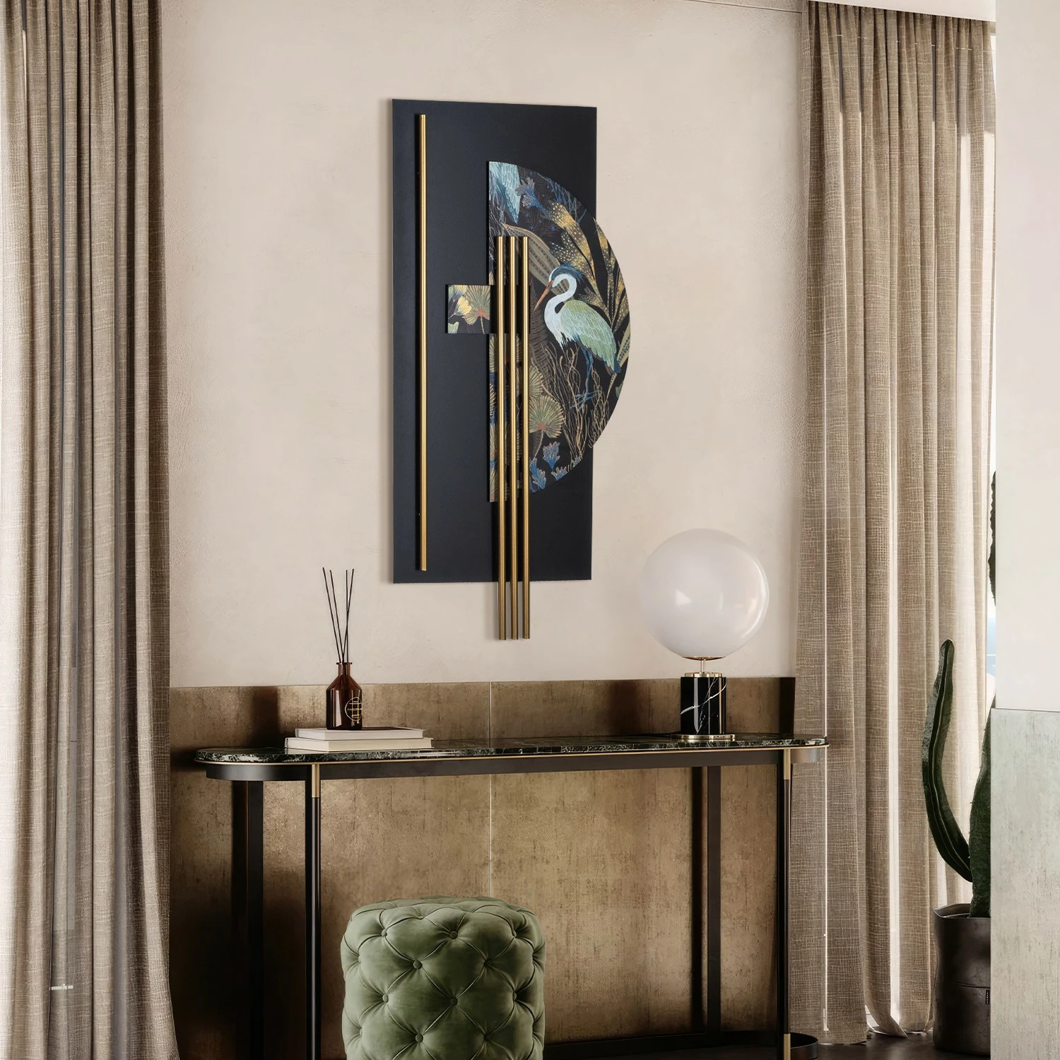 Aksesor dekorativ metalik për mur Wallity, Grus - APT778, shumëngjyrësh, 55x106cm