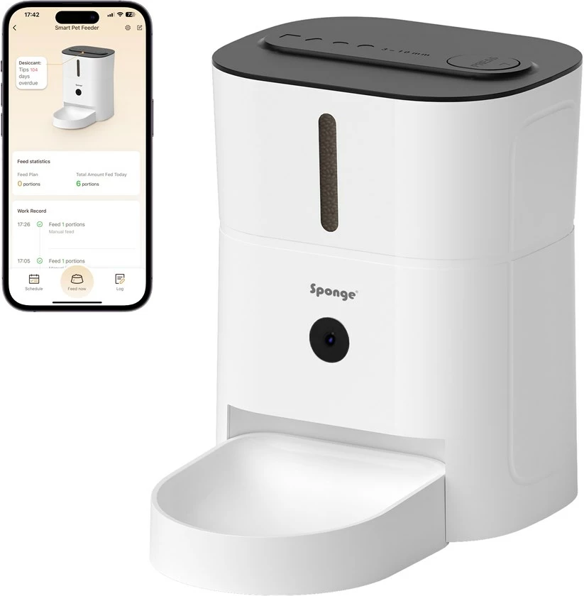 Shpërndarës ushqimi për kafshë SPONGE me kamerë, 3l, Bardhë