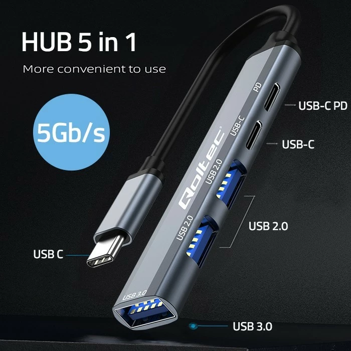 HUB USB-C Qoltec 53790, 5 porte, USB 3.0/2.0/USB-C/PD, grafit