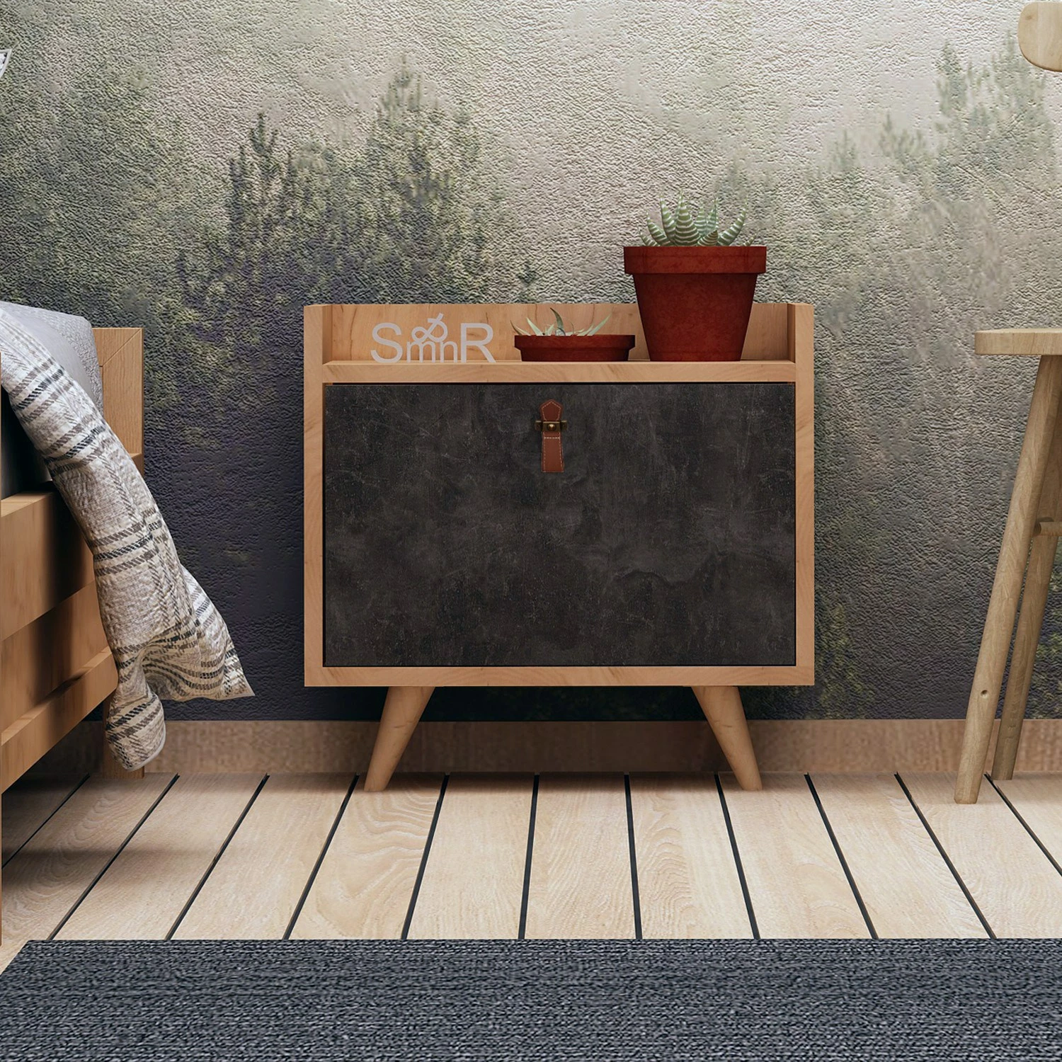 Komodinë moderne Juuna, ngjyrë lis dhe gri e errët