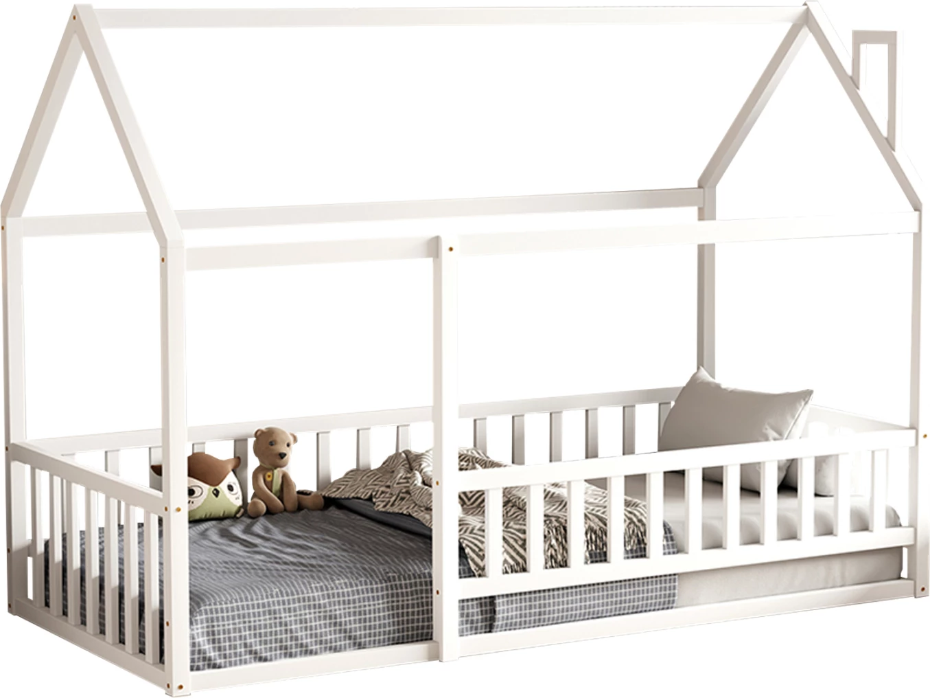 Krevat për fëmijë me parmakë, formë shtëpie, dru i bardhë, FH706.03, 190x90cm