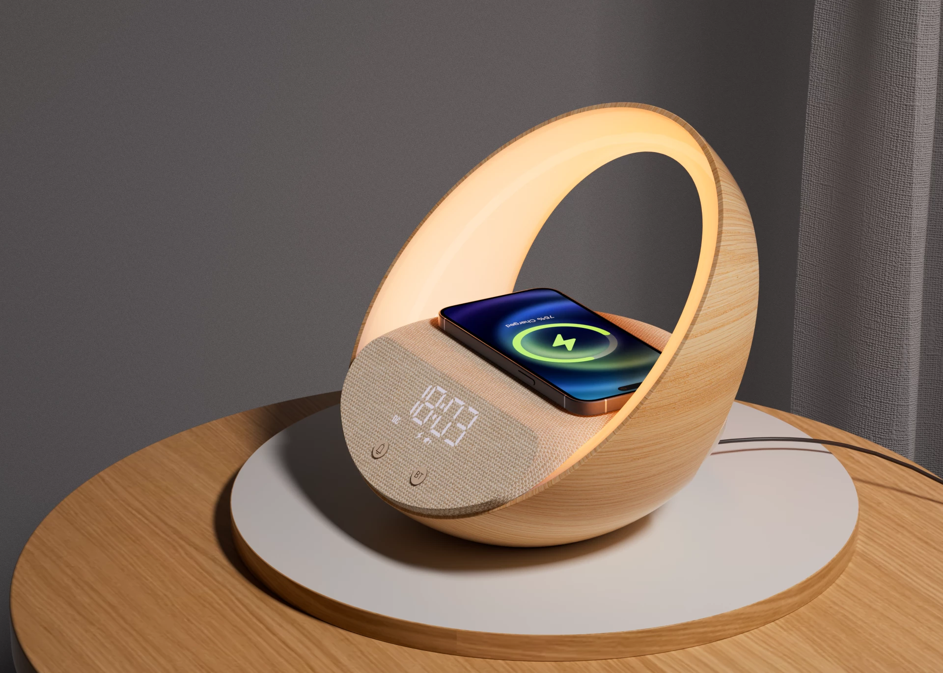 Llambë nate Moye Aurora Glow, orë me alarm, altoparlant Bluetooth 2x5W, karikim pa kabllo Qi deri 15W, bateri 2400mAh, finish imitim druri
