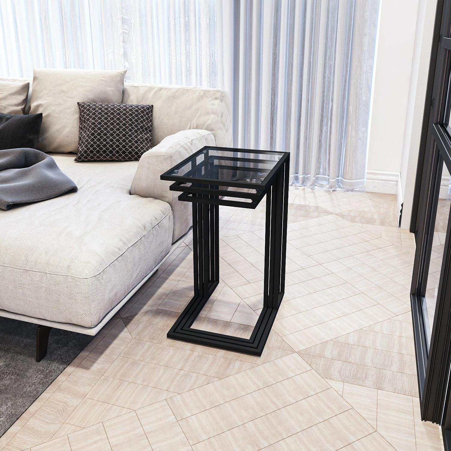 Set tavolinash të ndërlidhura (3 copë), Hanah Home, İbiza, xham i tymosur, e zezë