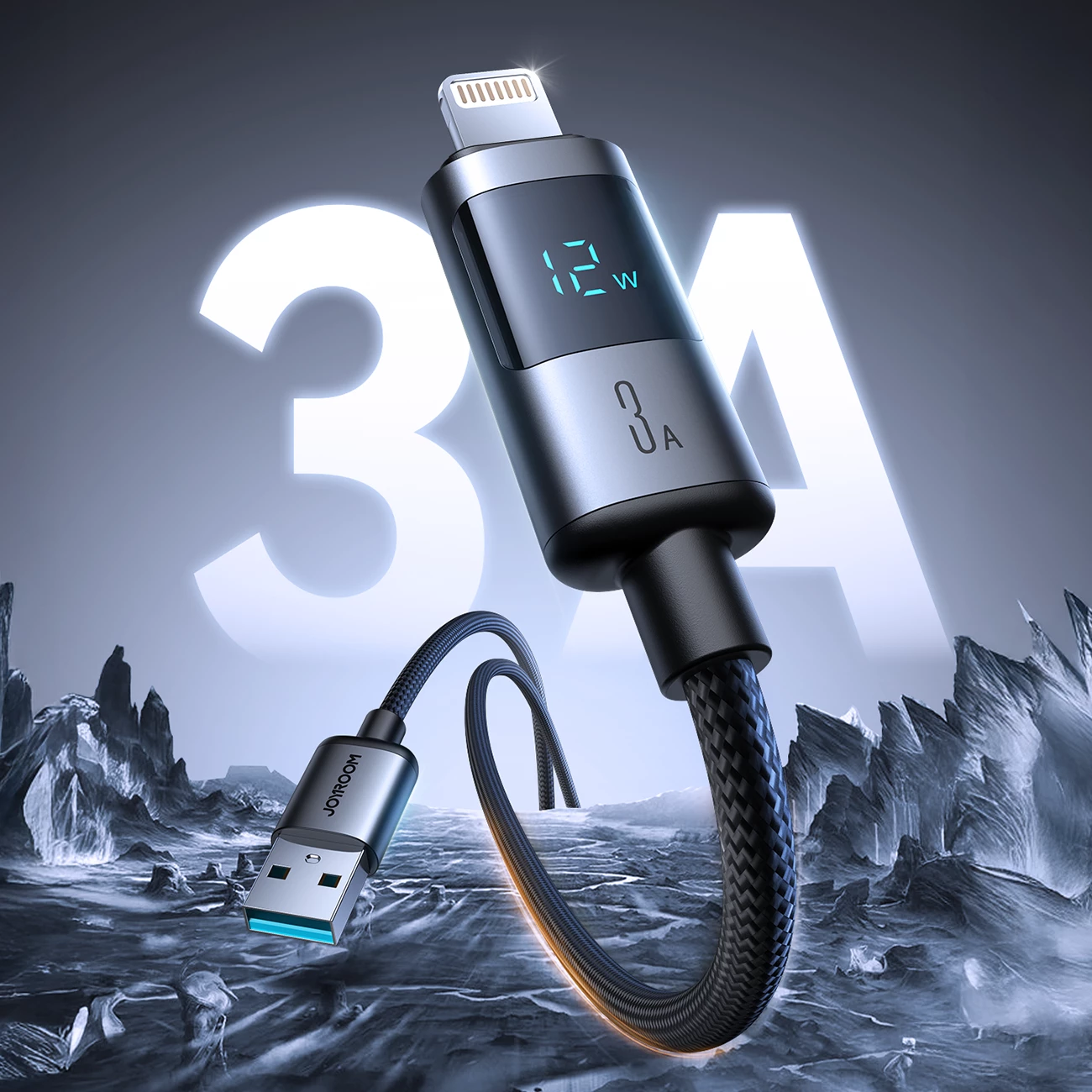 Kabllo Joyroom S-A16 Pro Prism Series USB-A në Lightning me ekran LED, 1.2m, 3A, e zezë