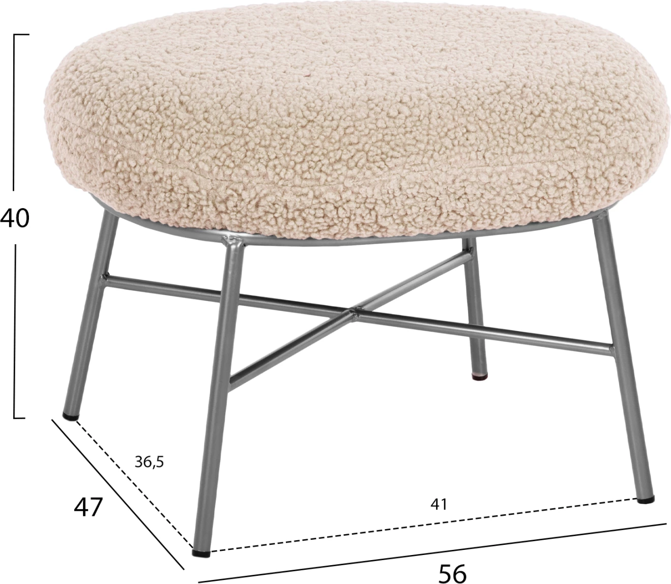 Karrige për këmbë TRUDI FH8640.23, pëlhurë boucle e bardhë dhe bazë metalike argjendi, 56x47x40H cm