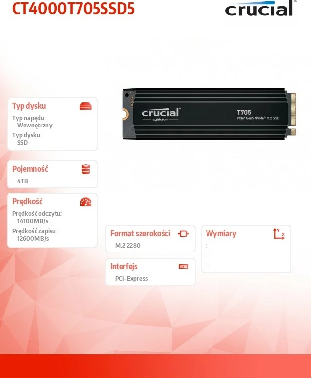 SSD Crucial T705, 4TB, M.2 2280, PCIe 5.0, me heatsink