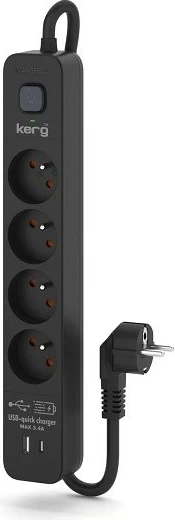 Shtrirës KERG me ndërprerës, 4 USB-C+USB-A, 16A, 3m, Zi