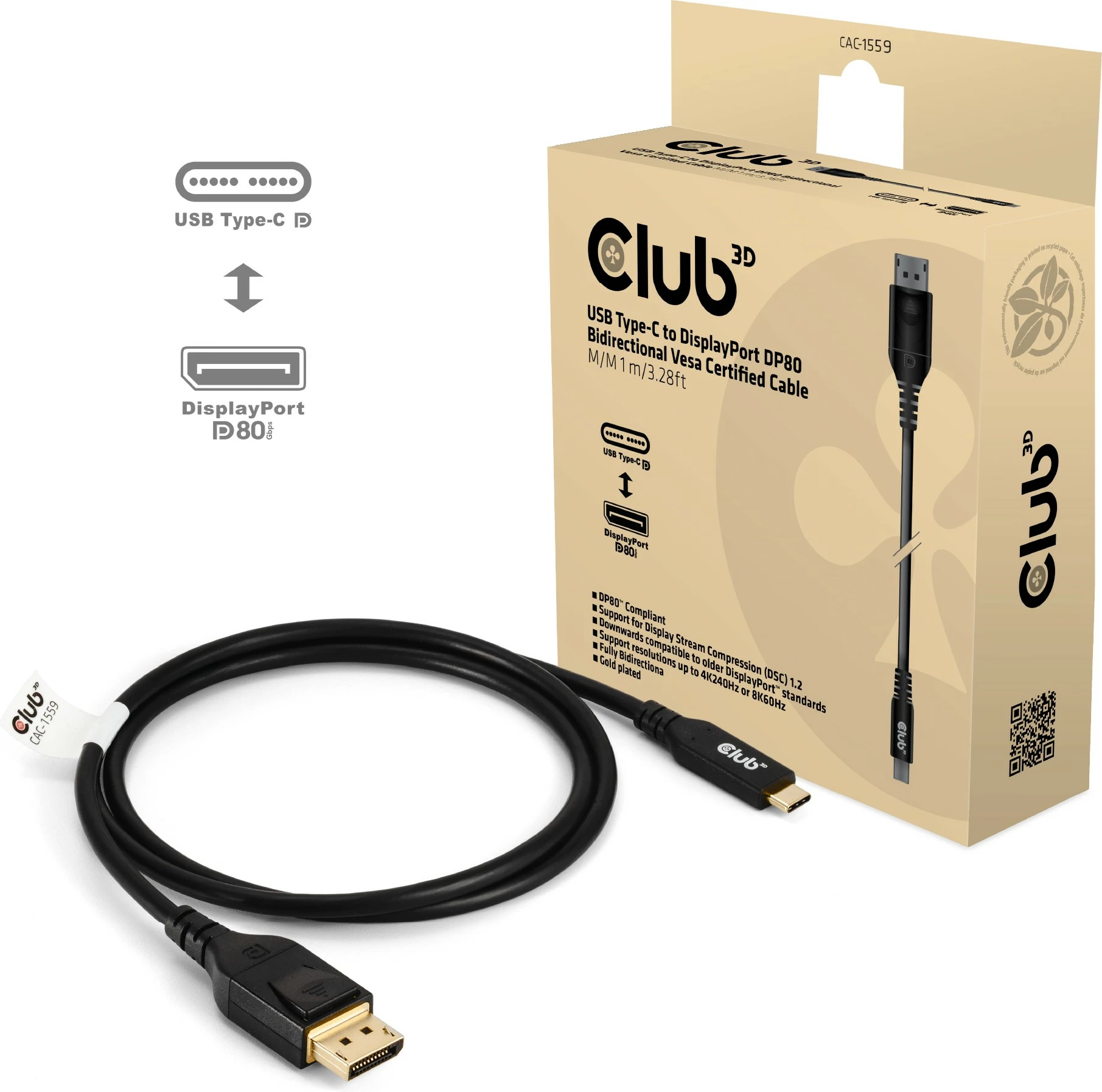 Kabllo USB Type-C në DisplayPort Club3D 1m 10K60Hz e zezë