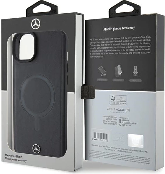Mbështjellës Mercedes Smooth Leather MagSafe për iPhone 15 Plus, i zi