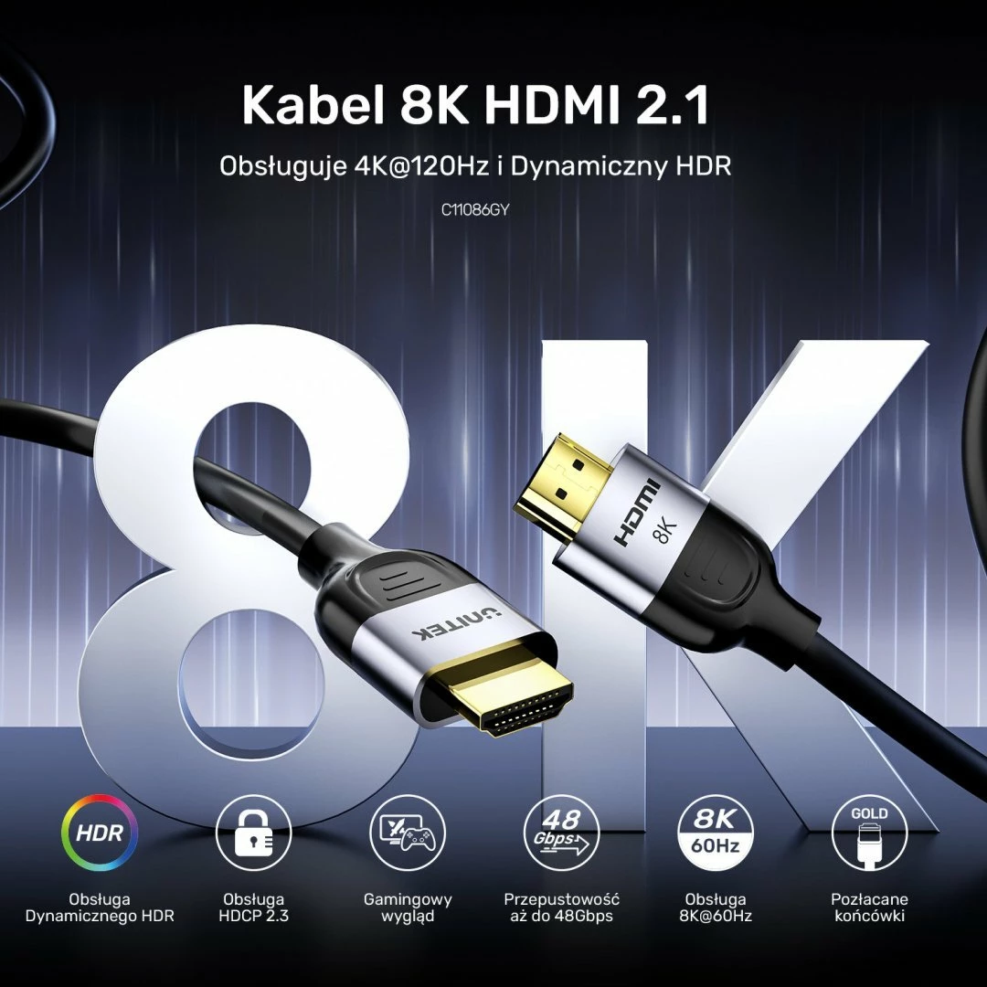 Kabllo HDMI Unitek C11086GY01-5M, HDMI 2.1, 5m, 8K@60Hz/4K@120Hz, e zezë
