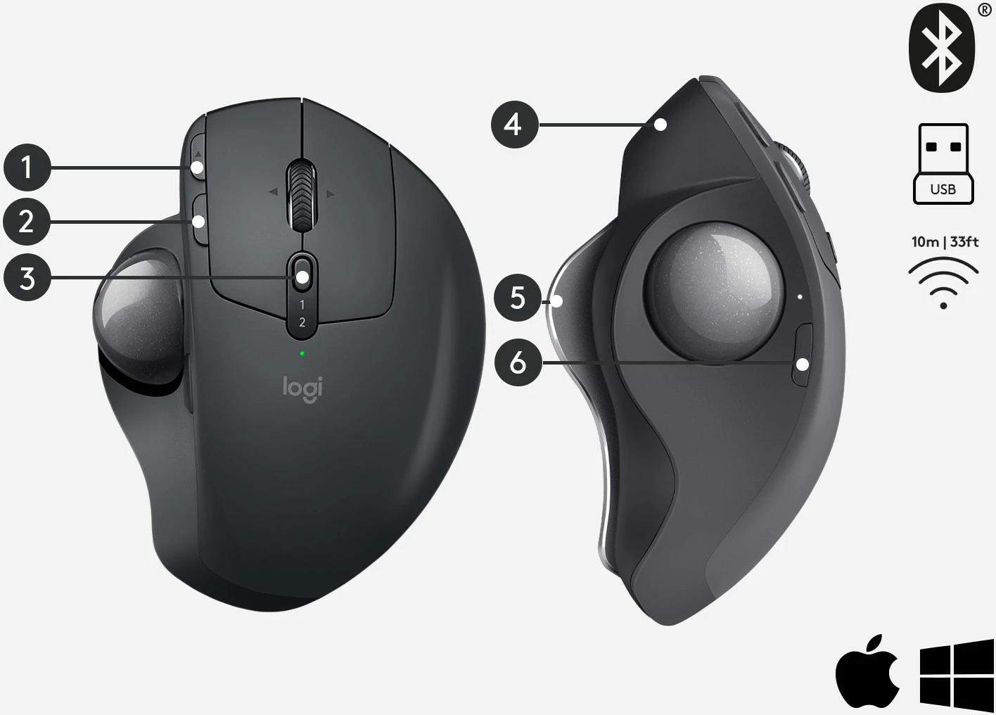 Maus Logitech MX Ergo, Djathtas, Trackball, RF Wireless + Bluetooth, 440 DPI, Grafit