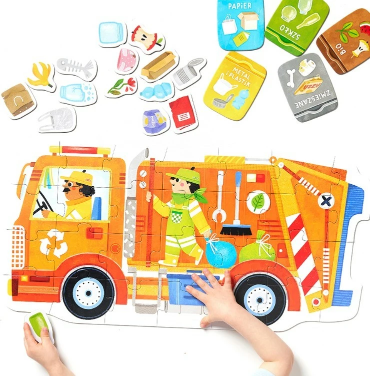 Puzzle edukativ CzuCzu Moto Garbage Truck, 26 pjesë, për fëmijë, portokalli