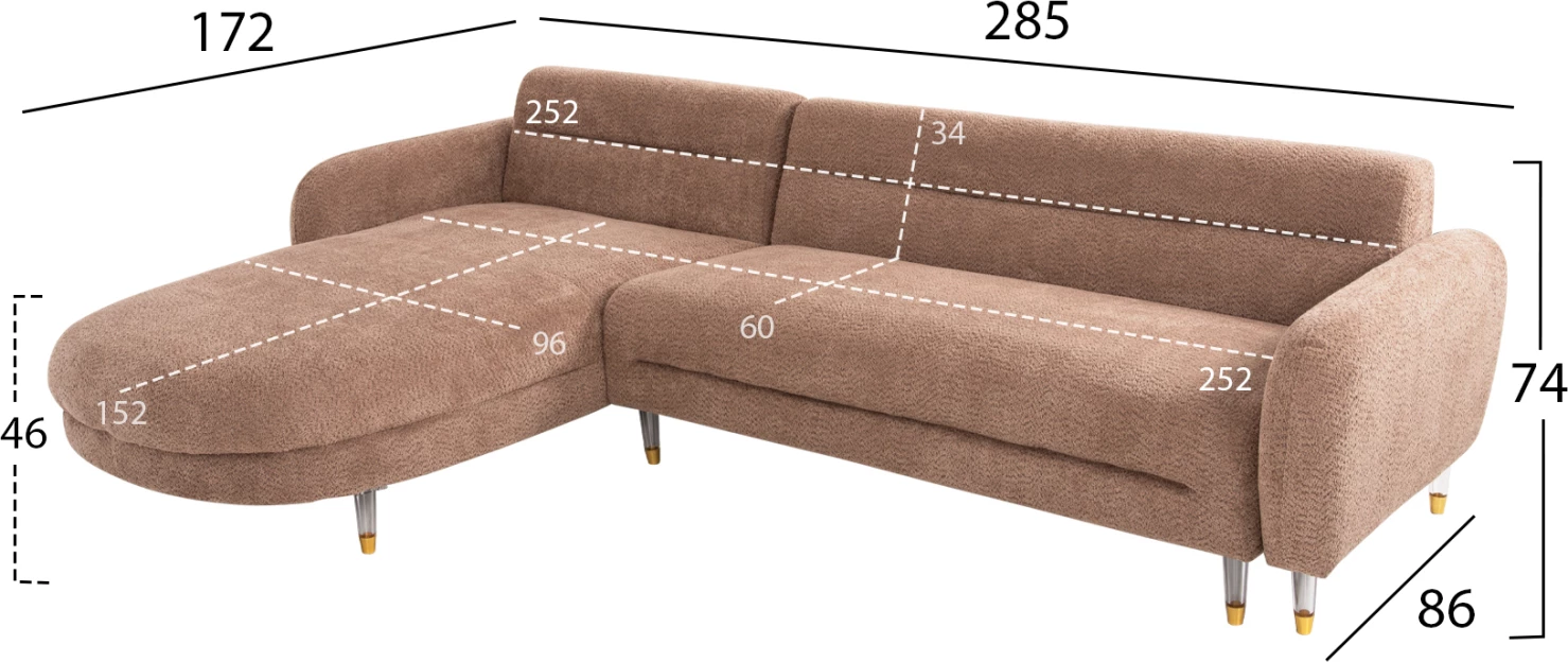 Divan qoshe i kthyeshëm FLYER FH6072.01, pëlhurë kafe, këmbë të larta metalike, 285x86-172x74H cm