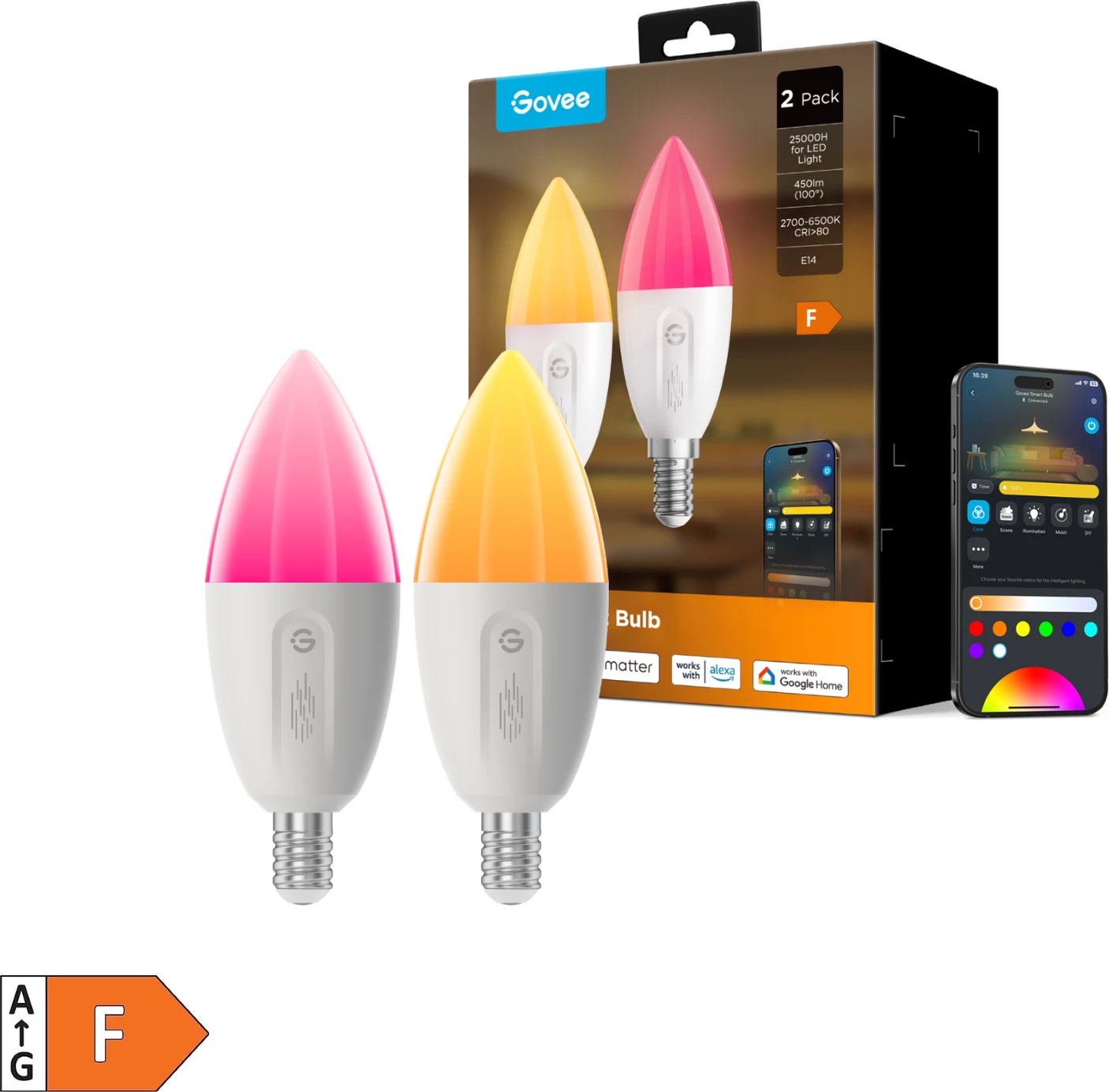 Poç LED smart Govee E14 RGBWW 450 lm, set 2 copë