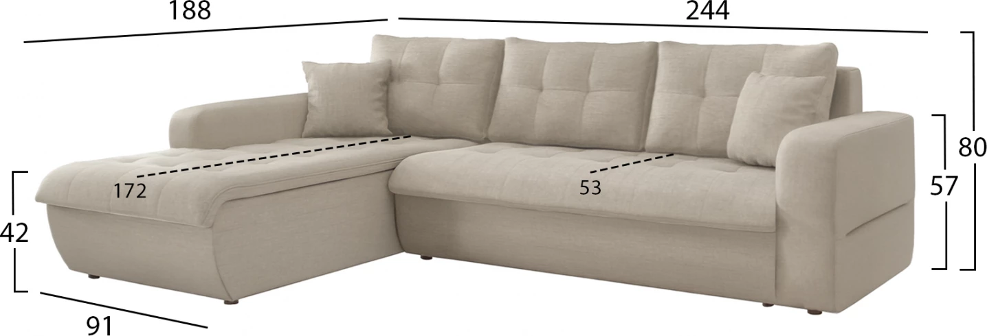 Kënd-sofë shtrati majtas KANSO, material bezhë, FH3338.03L, 244x188x80cm
