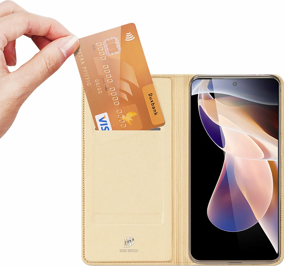 Mbështjellës Dux Ducis Skin Pro për Poco M4 Pro 5G, me kapak, xhep kartelash dhe mbajtëse, Gold