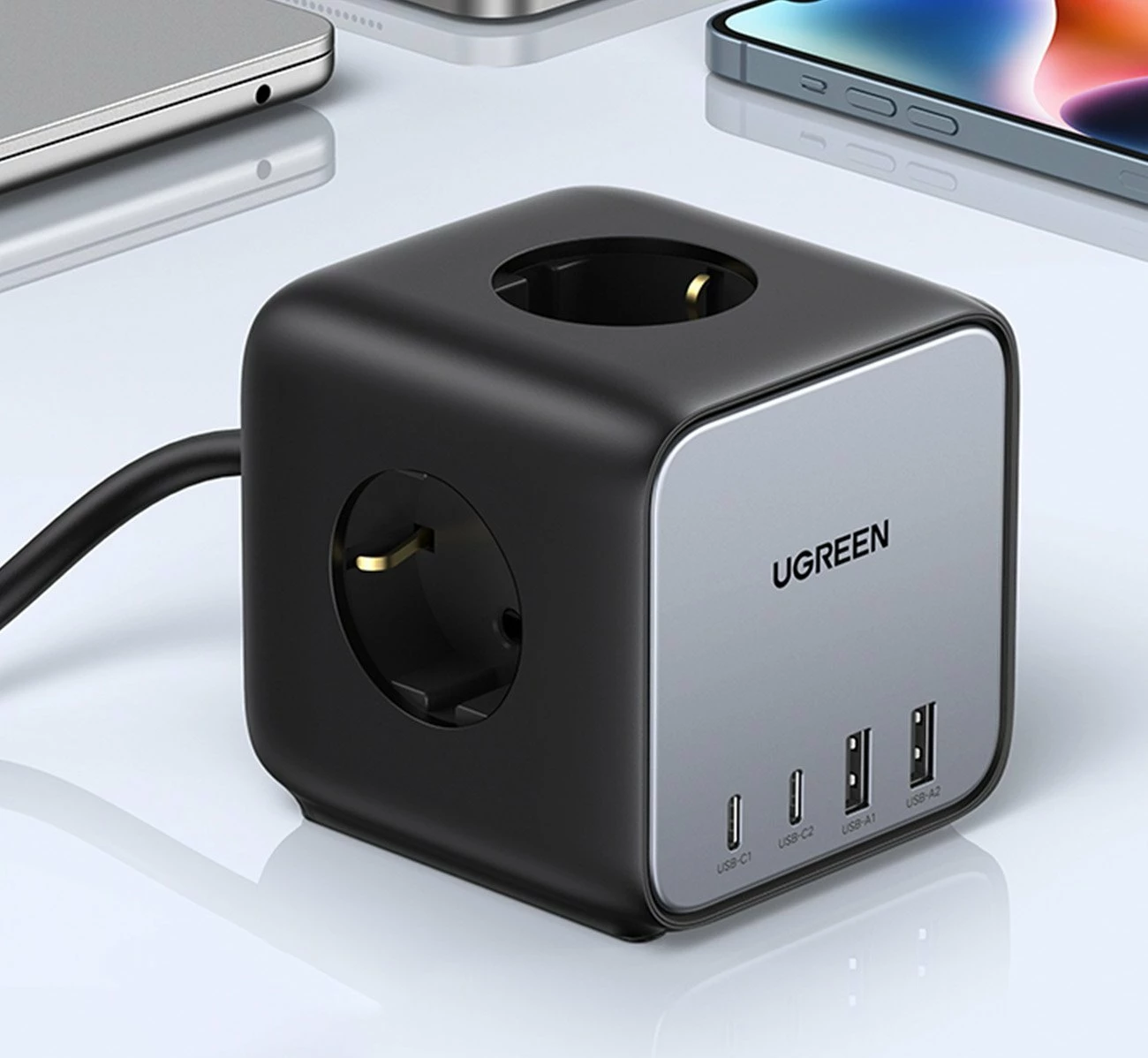Zgjatues rryme Ugreen CD268 65W, 3 priza Schuko, 2x USB-C + 2x USB-A, kabllo 1.8 m, i zi (60113)