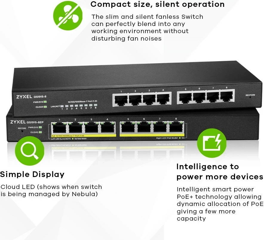 Switch Zyxel GS1915-8EP, Managed L2 Gigabit Ethernet (10/100/1000), PoE, E zezë