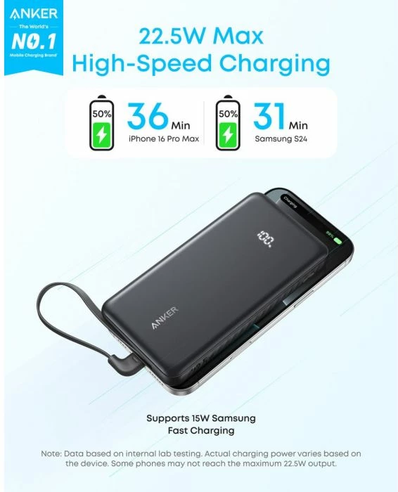 Powerbank Anker Zolo A110D 10000mAh 22.5W me kabllo USB-C të integruar, e zezë