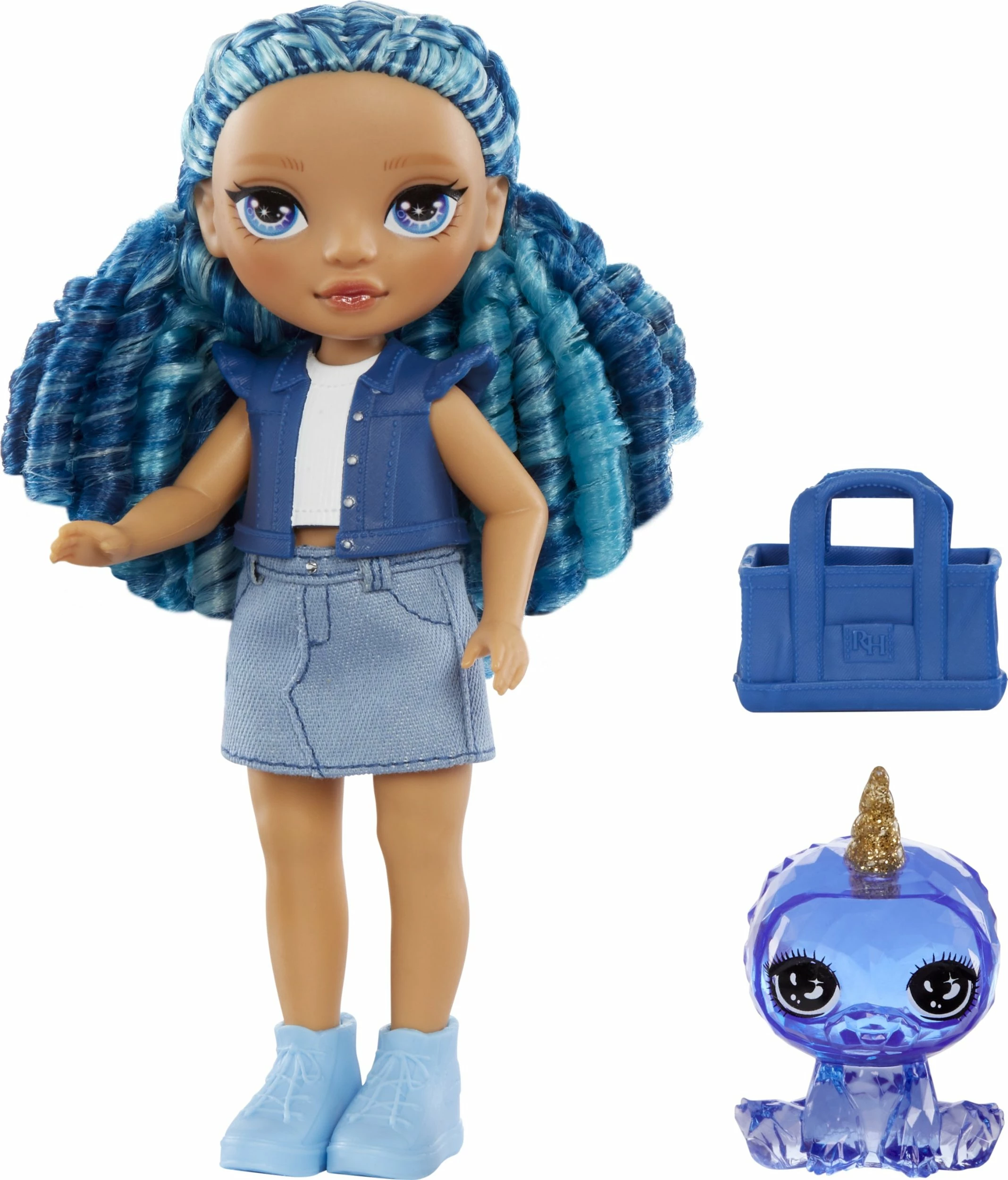 Kukull MGA Rainbow High Littles Sapphire, set me pet dhe çantë, blu