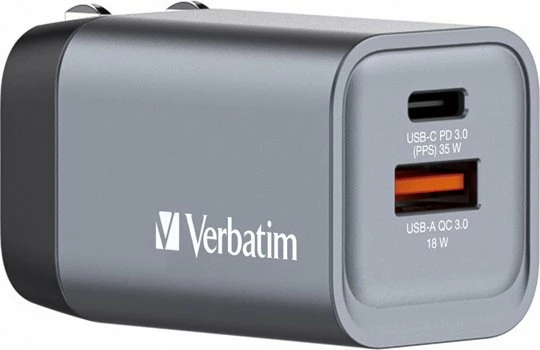 Karikues muri Verbatim GaN 35W 32200, USB-C PD 3.0 + USB-A QC 3.0, set me priza EU/UK, argjendtë
