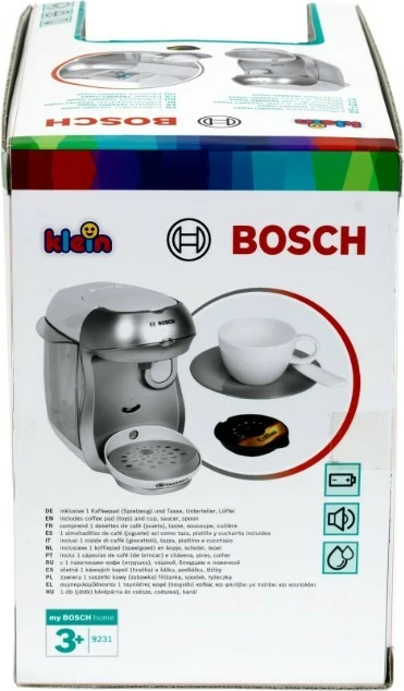 Makineri kafeje lodër, Klein Bosch Tassimo 9231, me efekte zanore dhe rrjedhë uji, me filxhan, pjatëz, lugë dhe 2 kapsula, argjend