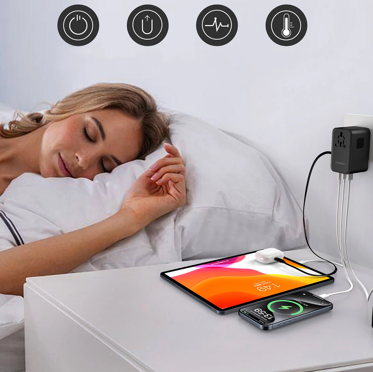 Adapter udhëtimi Choetech PD5022 me karikues 70W, 4 porta, USB-C/USB-A, i zi