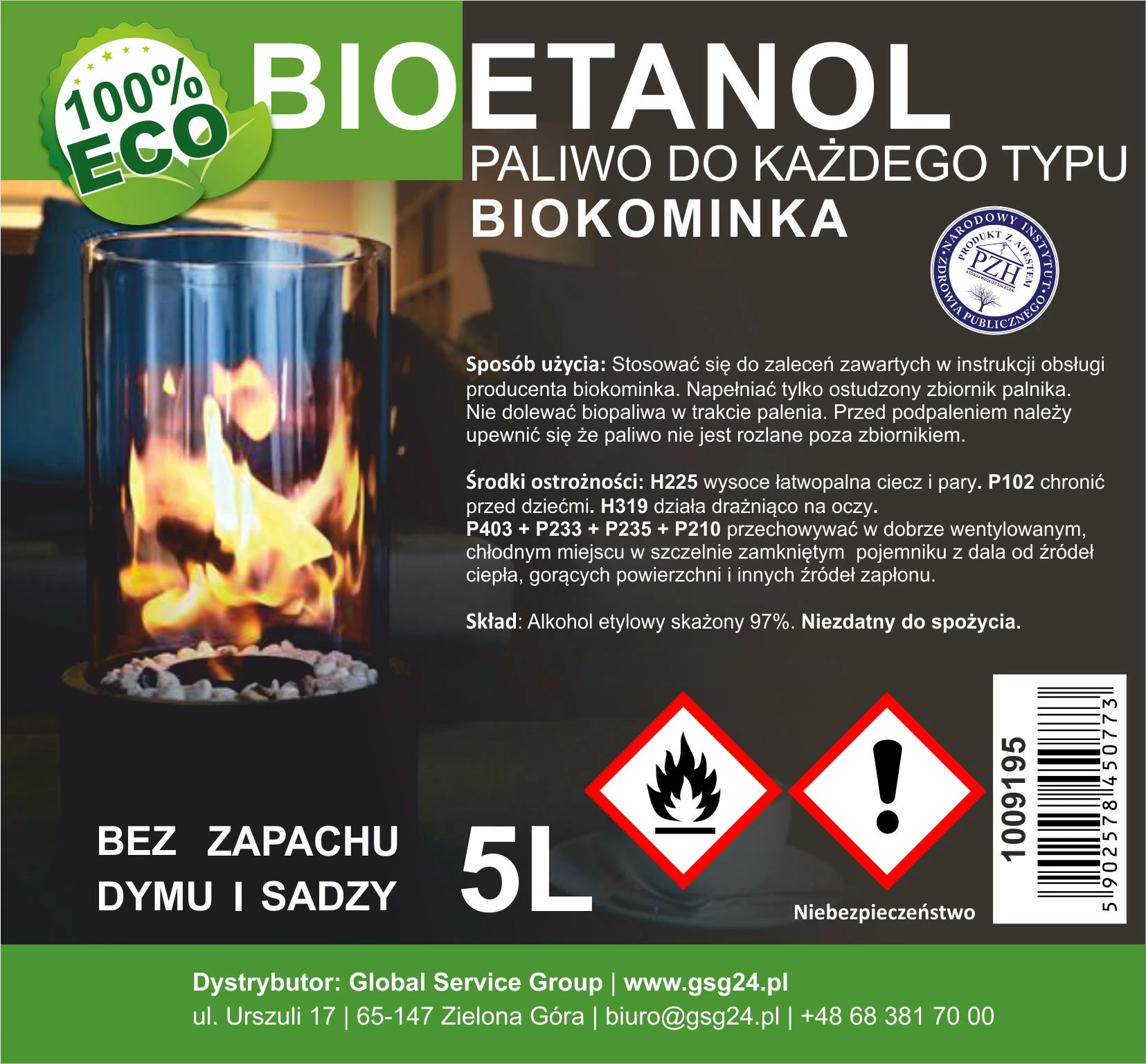 Bioetanol GSG24, 5L, për biokaminë, pa erë, pa tym