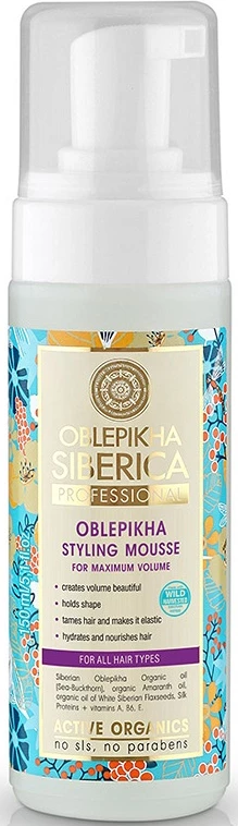 Shkumë për flokë për femra Natura Siberica Oblepikha Professional Vegan Volumizing Foam me hidrolat të rrikthit të detit, 170ml