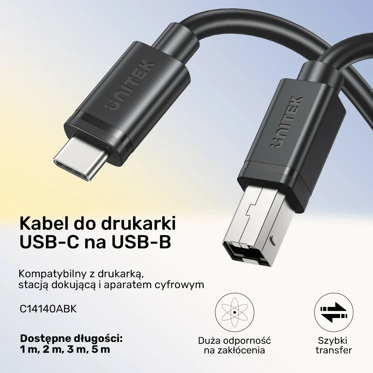 Kabëll Unitek, USB-C në USB-B 2.0, 5m, i zi