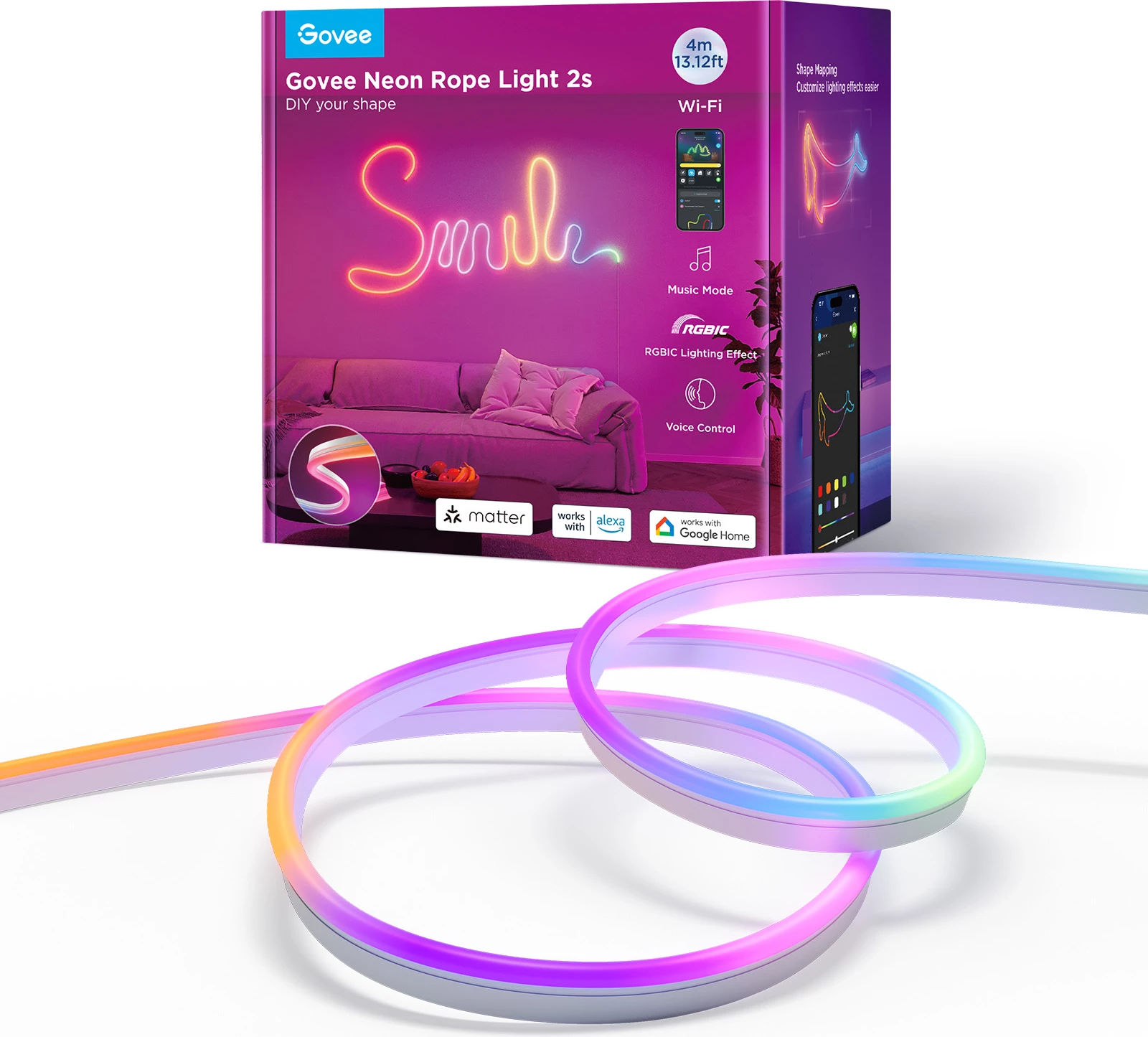 Shirit LED neon Govee Neon Rope Light 2S H61D4-W 4m RGBIC Bluetooth, i bardhë