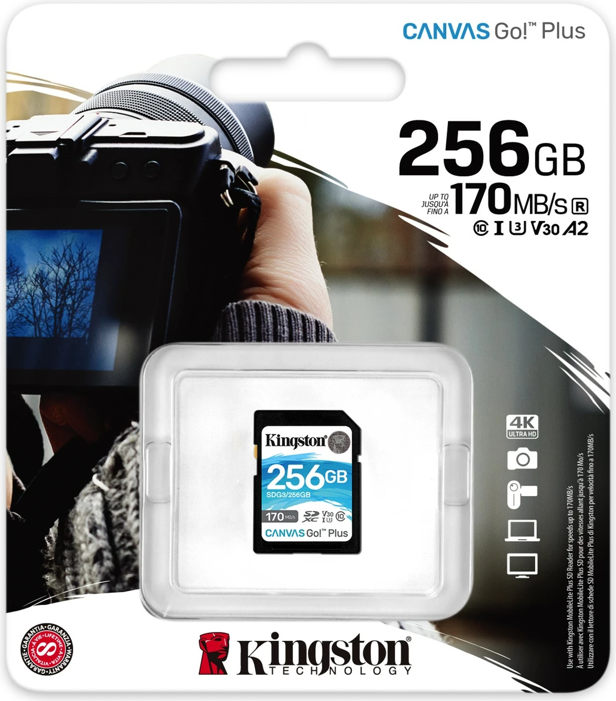 Kartelë SD Kingston 256GB Canvas Go Plus, 170 MB/s, e zezë