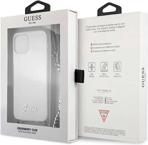 Mbështjellës Guess GUHCP12LKC4GSSI për iPhone 12 Pro Max 6.7", transparent, me zinxhir argjendi