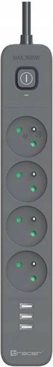 Prizë me mbrojtje Tracer Power Line+ TRALIS47027, 4 dalje + 3x USB A, 1.5m, Grafit
