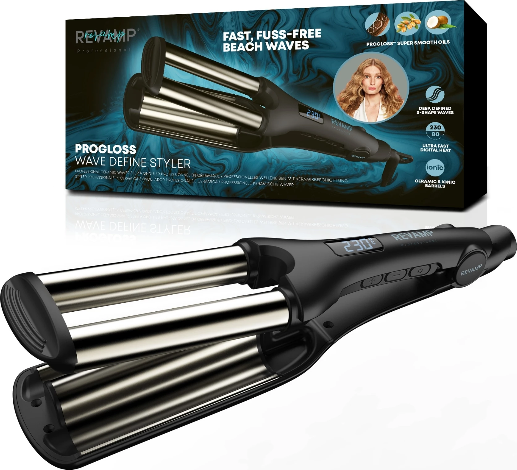 Hekur valëzues për flokë Revamp Progloss Wave Define WV-1750, triple 19 mm, 80–230°C, zi/argjendtë, me dorezë termike