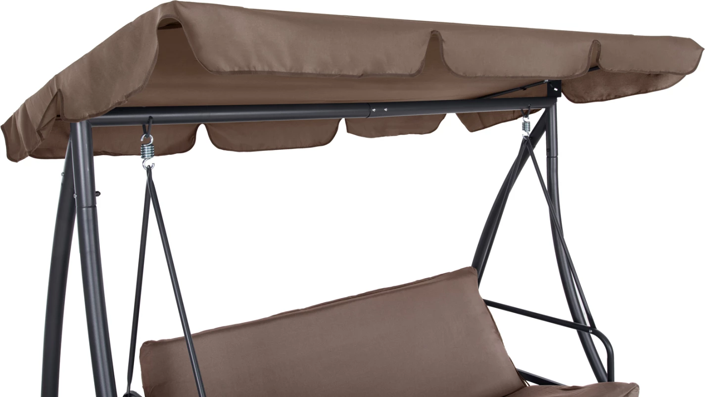 Shilte për verandë, 3-vendëshe, LIKID, FH5980.02, kornizë metalike, ngjyrë gri, pëlhurë ngjyrë kafe e çelur, 200x120x164H cm