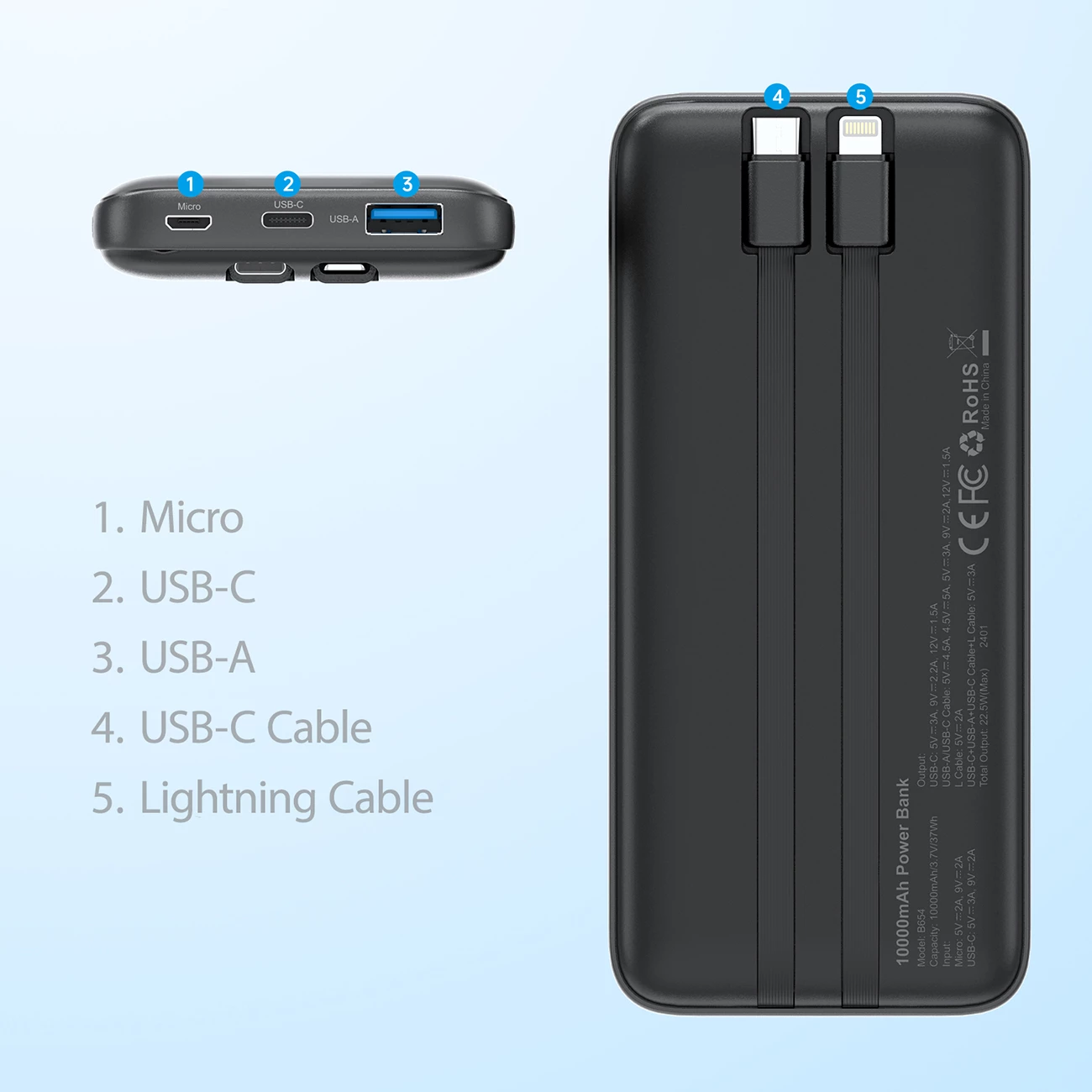 Powerbank Choetech B654, 10000mAh, 22.5W, USB-A/USB-C/micro USB, kabllo të integruara USB-C/Lightning, e zezë