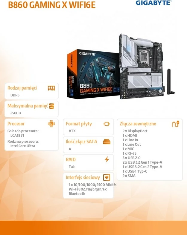 Pllakë amë Gigabyte B860 GAMING X WIFI6E, ATX, Wi-Fi 6E