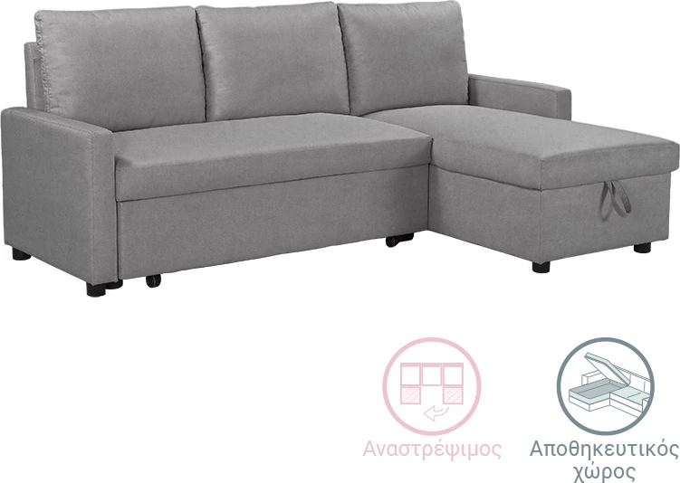 Divan qoshe me shtrat Infuse me hapësirë ruajtëse, pëlhurë gri, 203x130x88 cm