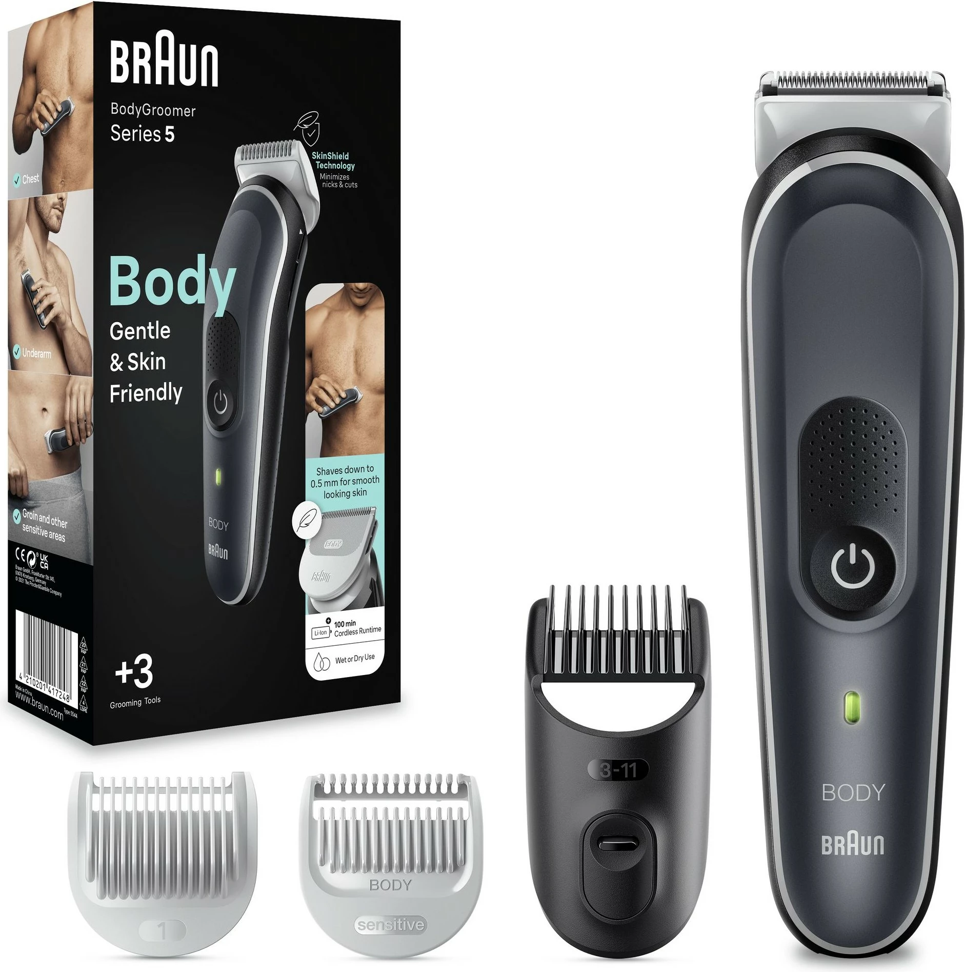Body groomer Braun BG5350, SkinShield, 2 koka, Wet & Dry, zi, argjendtë