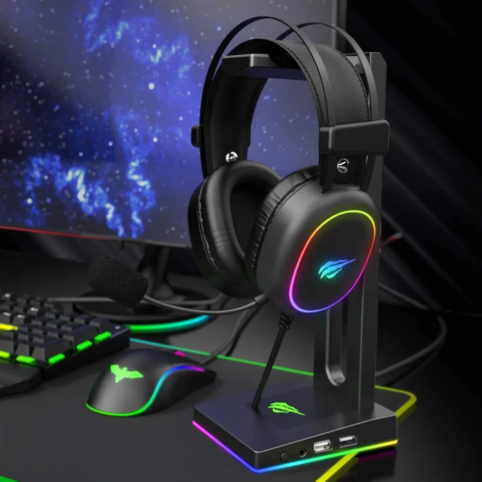 Kufje gaming HAVIT Gamenote HV-H2016D, me mikrofon, RGB LED, 50mm, kabllo 2m, 2x 3.5mm + USB (vetëm për drita), të zeza