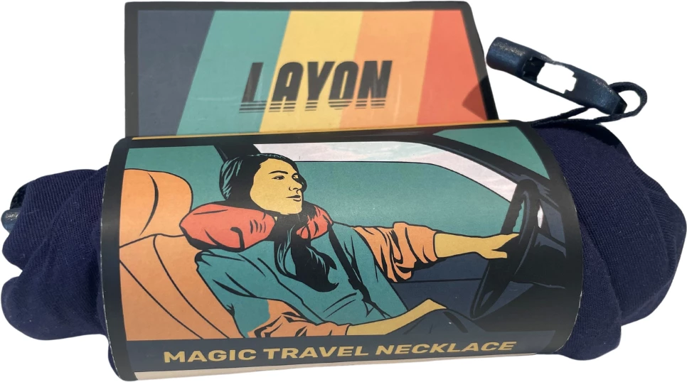 jastëk udhëtimi LayOn Travel Pillow, ergonomik, me xhep, 25×14×12 cm, blu