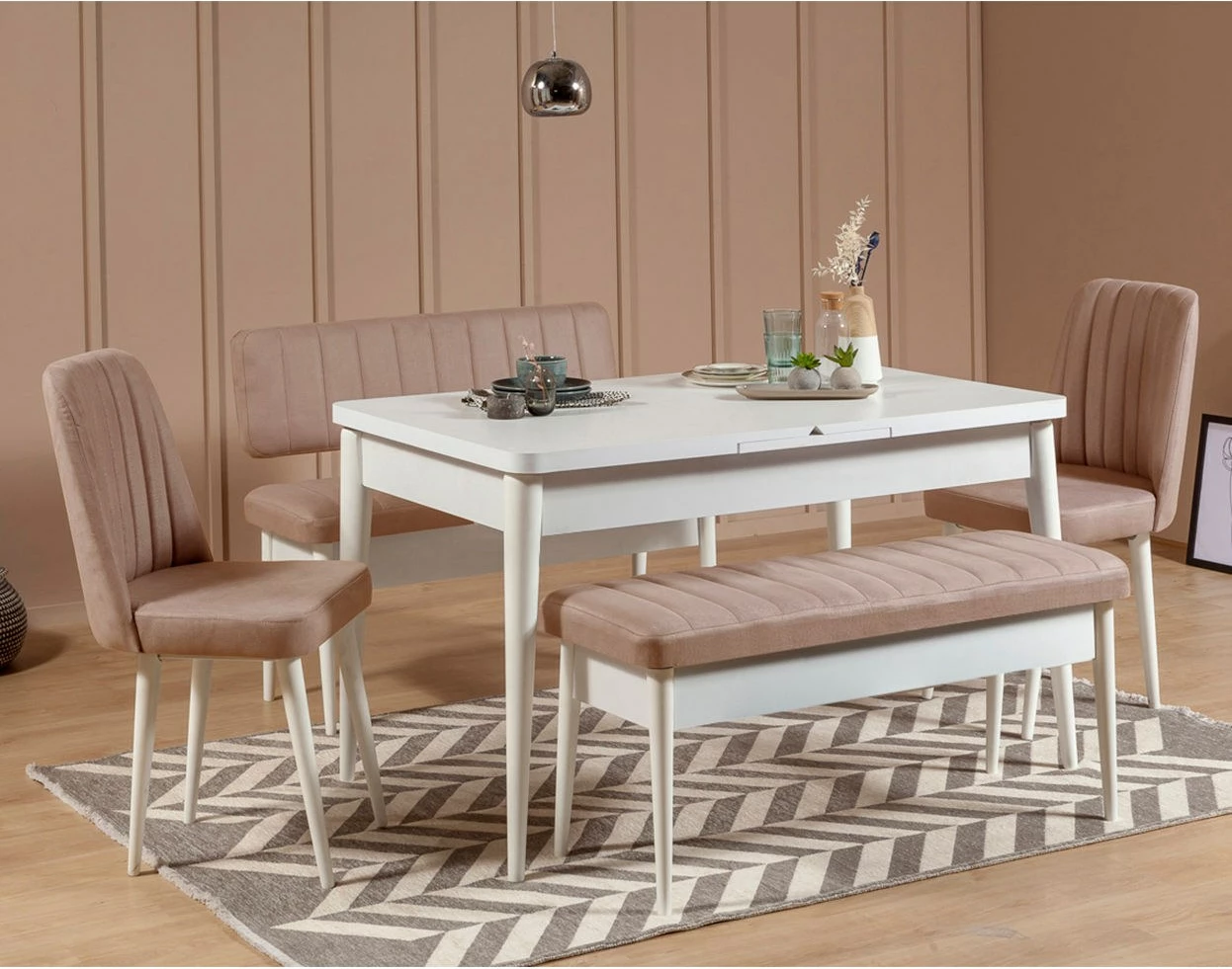 Tavolinë me karrige të zgjatshme Hanah Home, Vina, ngjyrë e bardhë dhe gur, 5 copë