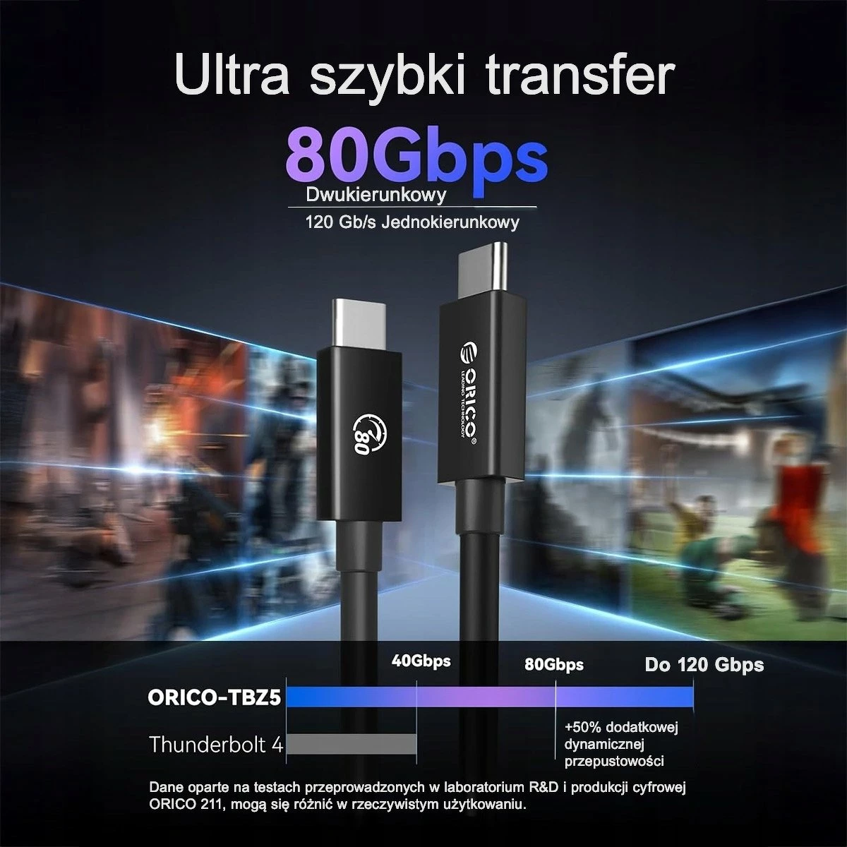 Kabllo Thunderbolt 5 USB-C Orico TBZ5-15-BK-BP 1.5 m, e zezë
